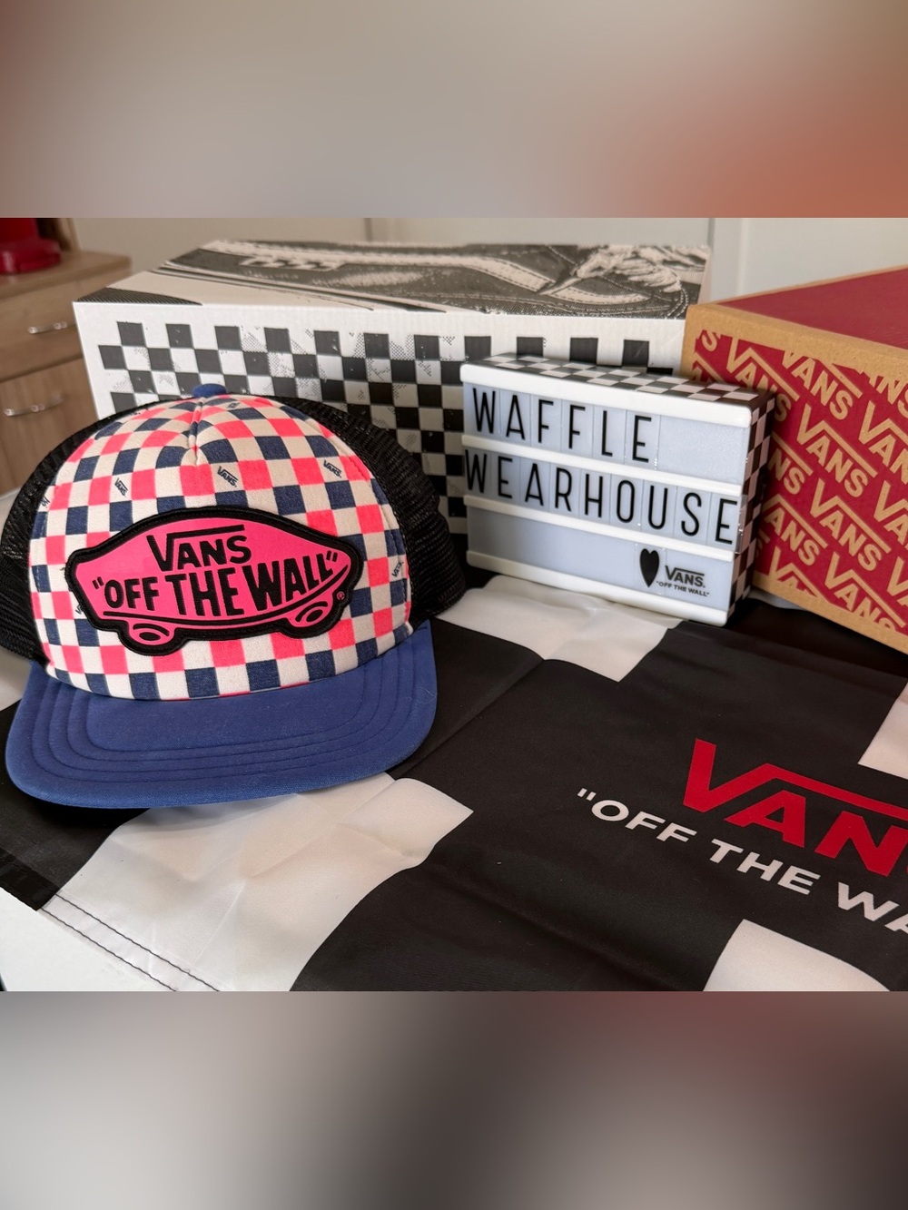 Vans Pink Black Blue Checker Trucker Hat